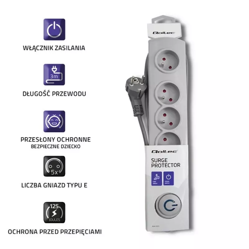 Protezione da sovratensione Qoltec 50272 grigio 5 prese AC 230V 3m