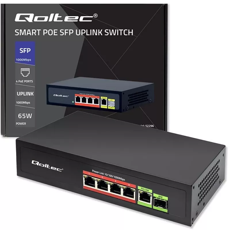 Switch Ethernet PoE QOLTEC 52296 — 4x porte RJ45 PoE, 1x RJ45 uplink
