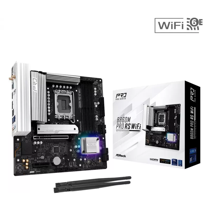 Scheda madre ASRock B860M Pro RS WiFi — Intel B860, LGA 1851, micro ATX, DDR5, 4 DIMM, 3x M.2, 2.5Gb LAN, Wi‑Fi, Bluetooth
