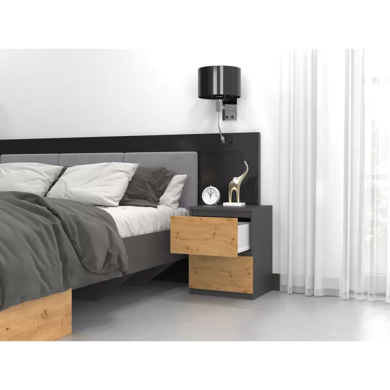 Topeshop W2 ANTRACYT/ARTISAN comodino 2 cassetti antracite, rovere