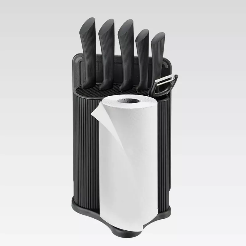 Set blocco coltelli e posate Maestro MR-1413 – nero, 8 pezzi, lame in acciaio inox con supporto, portarotolo