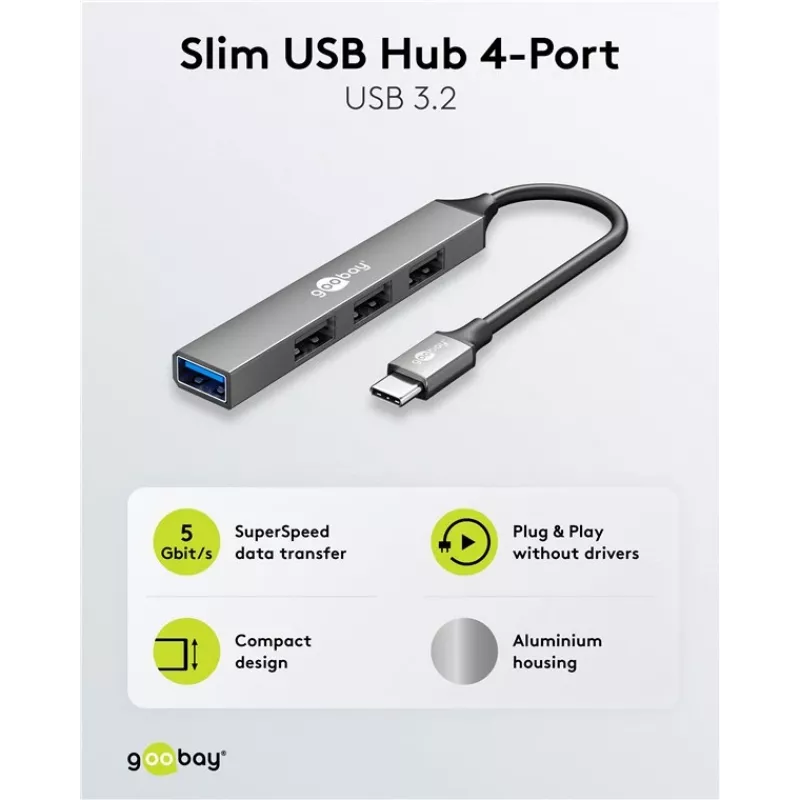Hub USB Goobay Slim a 4 porte, USB-C™ a USB-A, USB 3.2 (74457)
