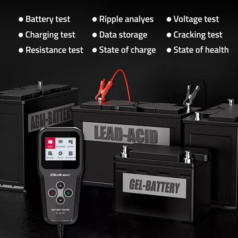 Qoltec 52489 analizzatore e tester digitale di batterie 3-in-1 con LCD e multilingua 6V | 12V | 24V | 30Ah-200Ah