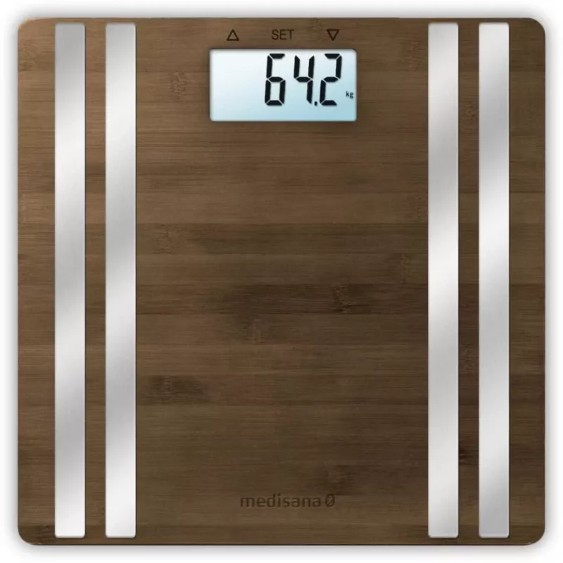 Bilancia pesapersone elettronica Medisana BS 552 — color argento con superficie in bambù, max 180 kg, precisione 100 g, Bluetooth, BMI, composizione corporea