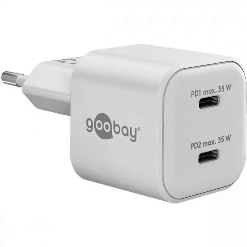 Caricabatterie dual-fast USB-C Nano, PD, GaN, 35 Watt (bianco, 2x USB-C, Power Delivery 3.0)