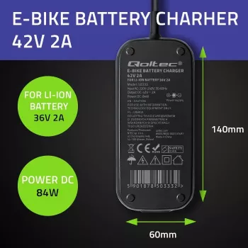 Caricabatterie rapido Qoltec per monopattino elettrico 36V ed e-bike | 42V | 2A | 5,5*2,5 | impermeabile + cavo di alimentazione
