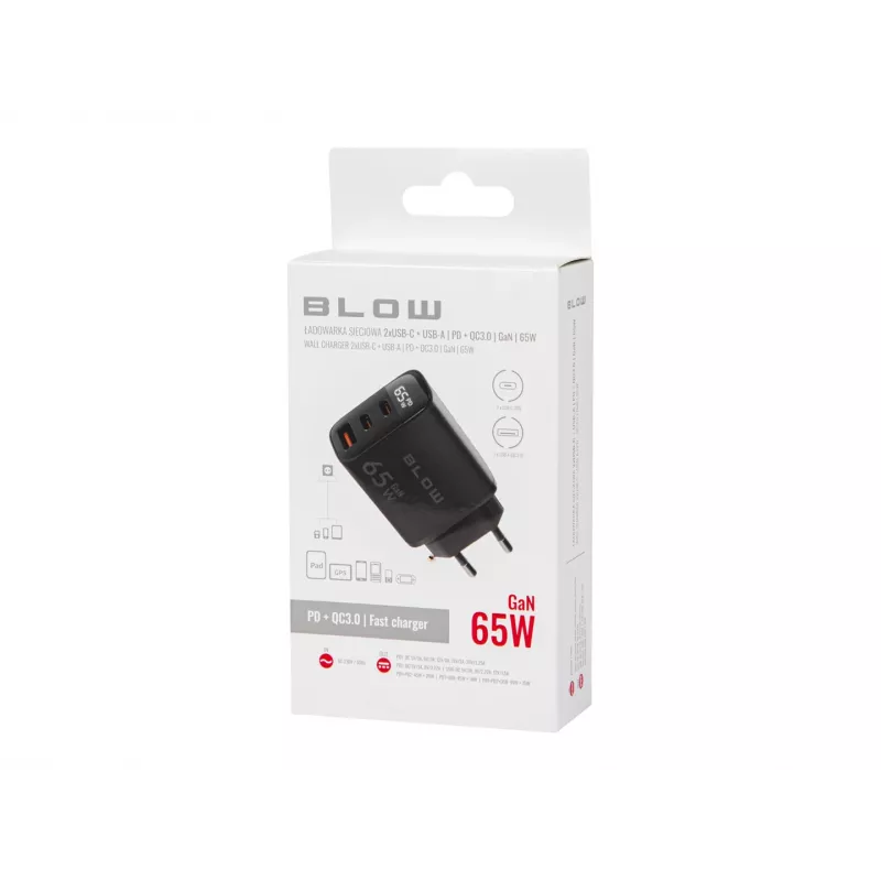 Caricabatterie da parete LCD presa USB + USB-Cx2 PD 65W GAN nero wattmetro