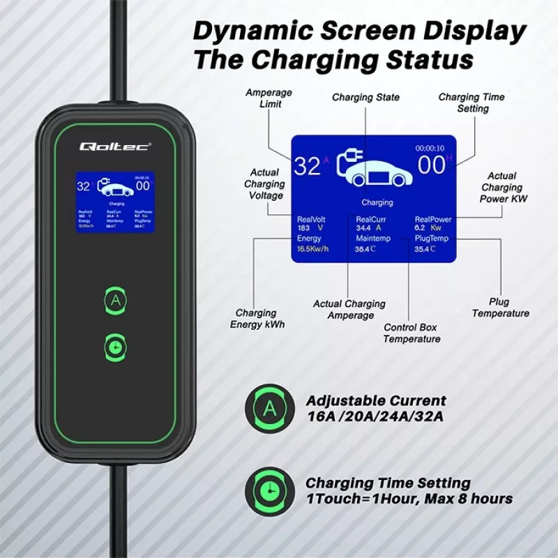 Caricabatterie mobile EV Qoltec regolabile 2in1 Type2 | 7kW | 230V | CEE 3 PIN | Wi-Fi | LCD | portatile | wallbox | 5m