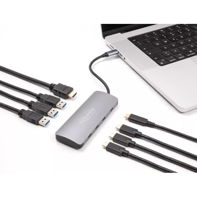 Hub USB-C DELOCK 64323 — host USB 3.2 Gen 2 Type-C, HDMI + 2× USB-A + 2× USB-C, 10 Gbit/s, grigio