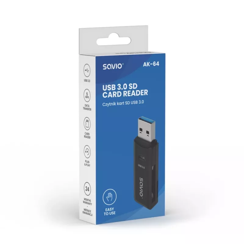 Lettore di schede SAVIO AK-64 USB 3.2 Gen 1 uscita Type-A, slot MicroSD, 5000 Mbit/s, nero