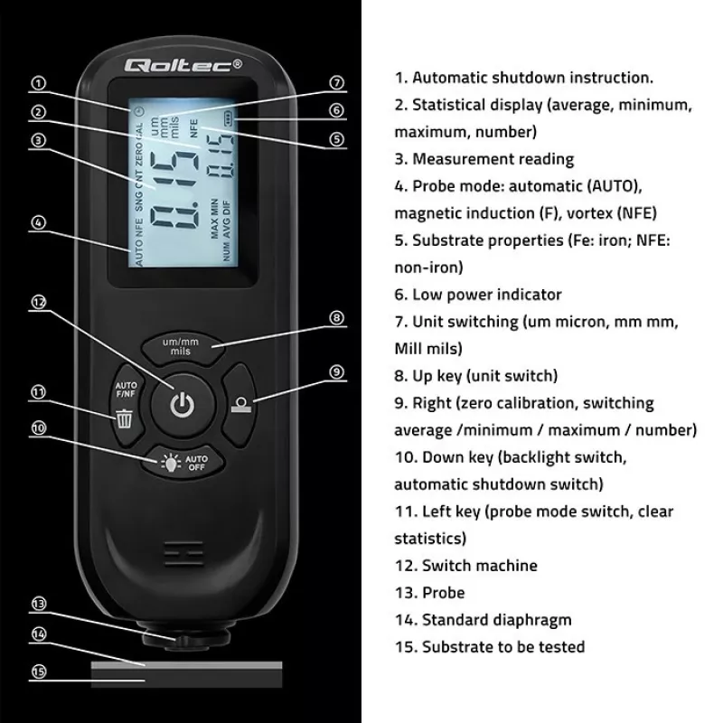 Misuratore di spessore di rivestimento QOLTEC 50646 LCD 0–2000 µm