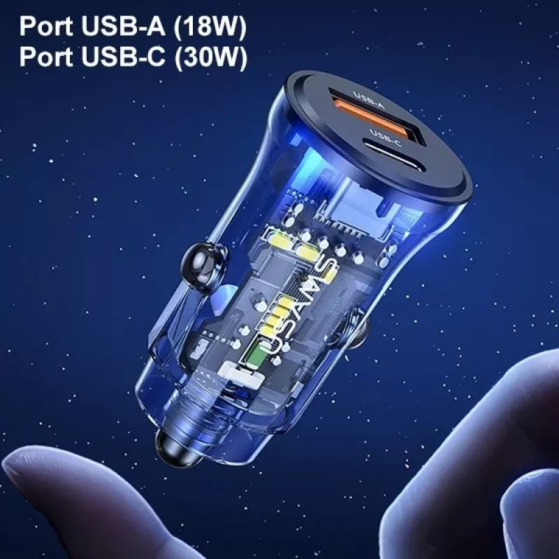 Caricabatterie da auto usams CC164CC01 30W con 1×USB-A e 1×USB-C per ricarica rapida
