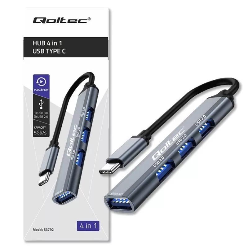 Hub USB QOLTEC 53792, USB-C 3.1 a 4 porte (USB 3.0 x1, USB 2.0 x3)