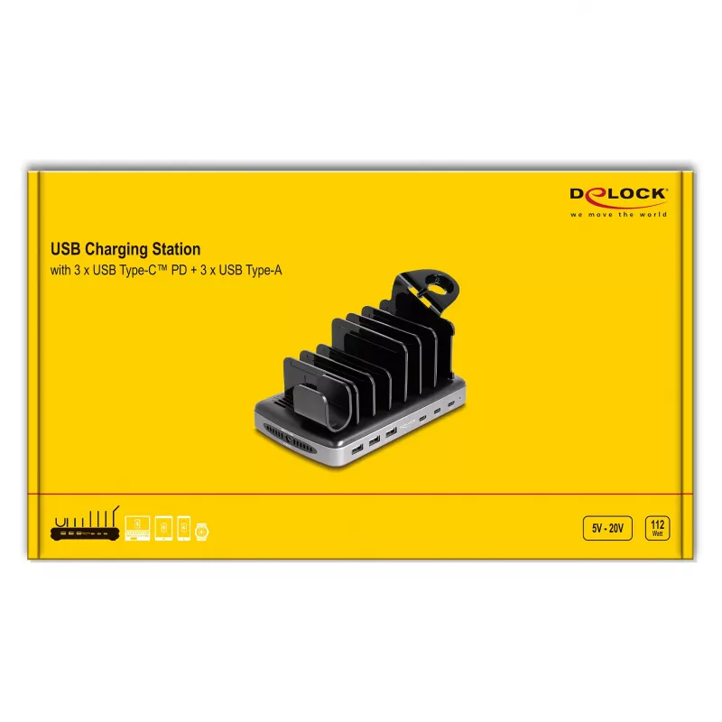 Stazione di ricarica USB DeLOCK 3 x USB Type-C PD 3 x USB Type-A 112 W