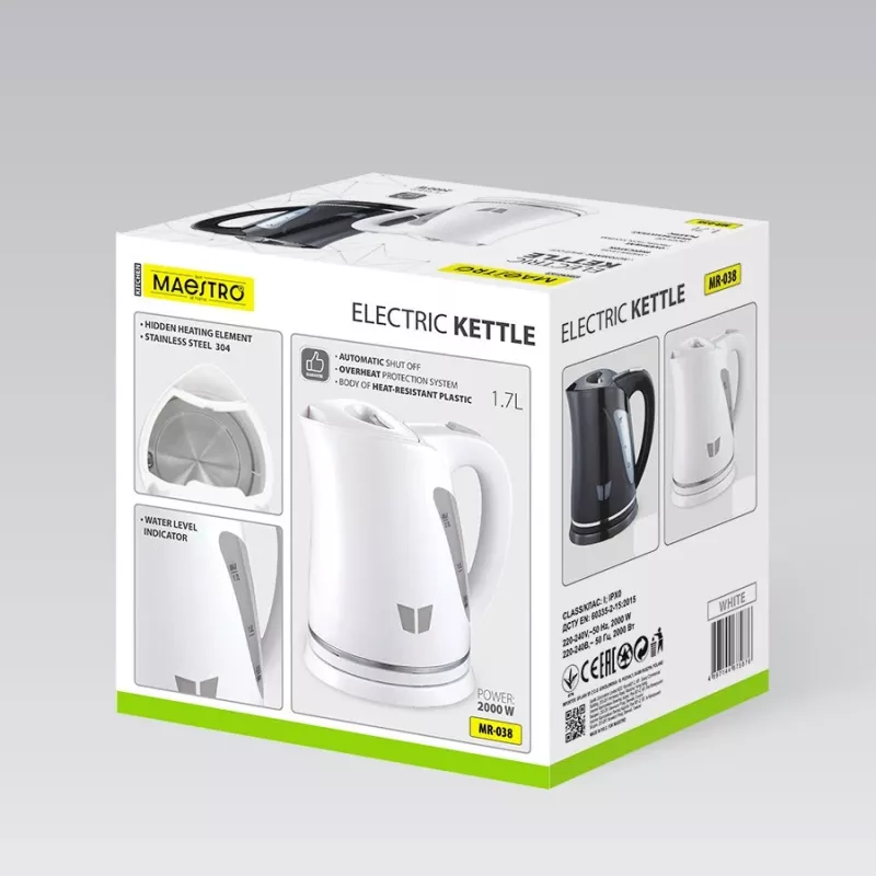 Bollitore elettrico Maestro MR-038-WHITE, 1,7 L, 2000 W, senza filo, spegnimento automatico