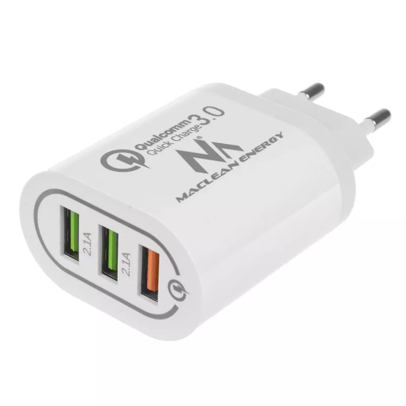 Caricabatterie da parete MACLEAN MCE479W — caricabatterie rapido USB 3 porte, potenza totale 18W