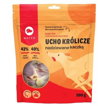 Strisce da masticare per l'igiene dentale MACED Anatra con orecchio di coniglio 500 g — snack da masticare naturale a lunga durata, proteine 50%, adatto a tutte le razze