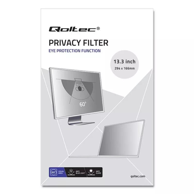 Qoltec 51050 Filtro privacy per display (13,3 pollici) (11,59 pollici, 16:9), pellicola protettiva per notebook