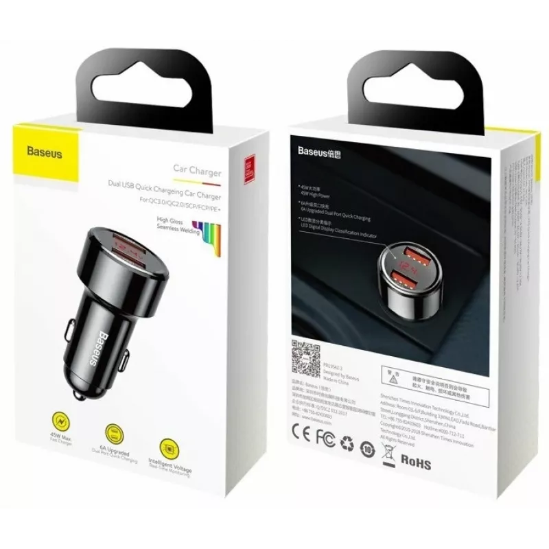 Baseus Magic CCMLC20A-01 caricabatterie da auto, 2x USB-A QC 3.0, 45 W, 6 A, display della tensione, nero