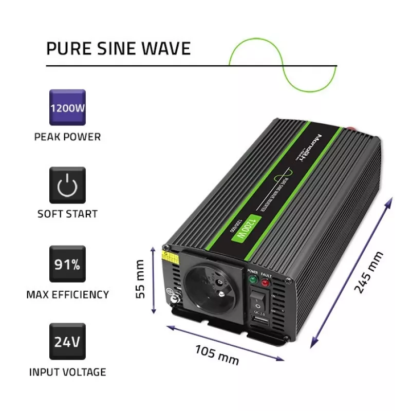 Inverter per auto Qoltec Monolith 1200 W nero 24 V