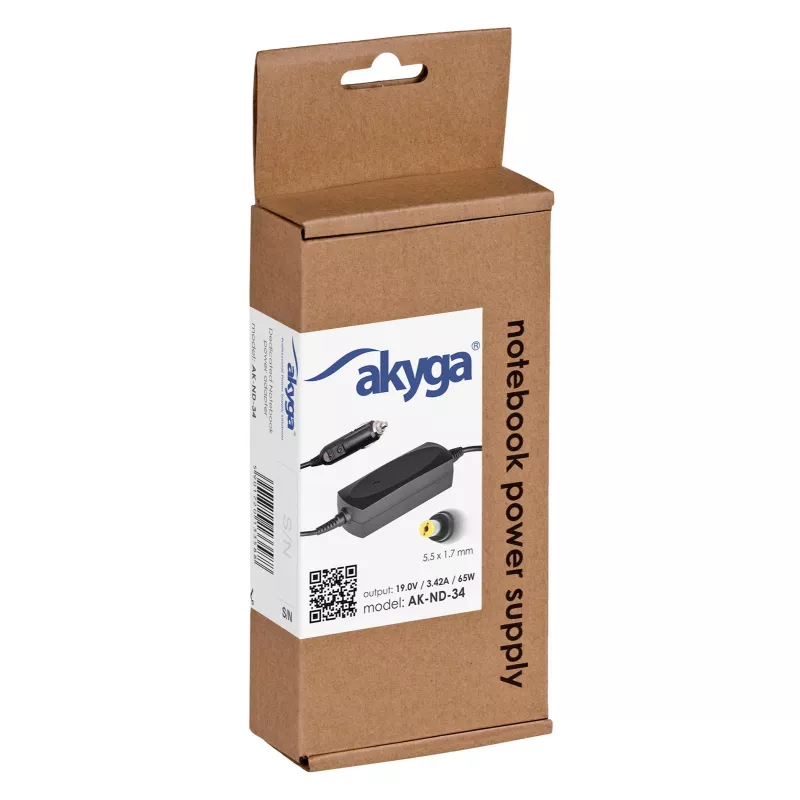 Akyga AK-ND-34 alimentatore per notebook da auto per Acer, 65 W, 19 V / 3,42 A, 5,5 x 1,7 mm, ingresso 12 V