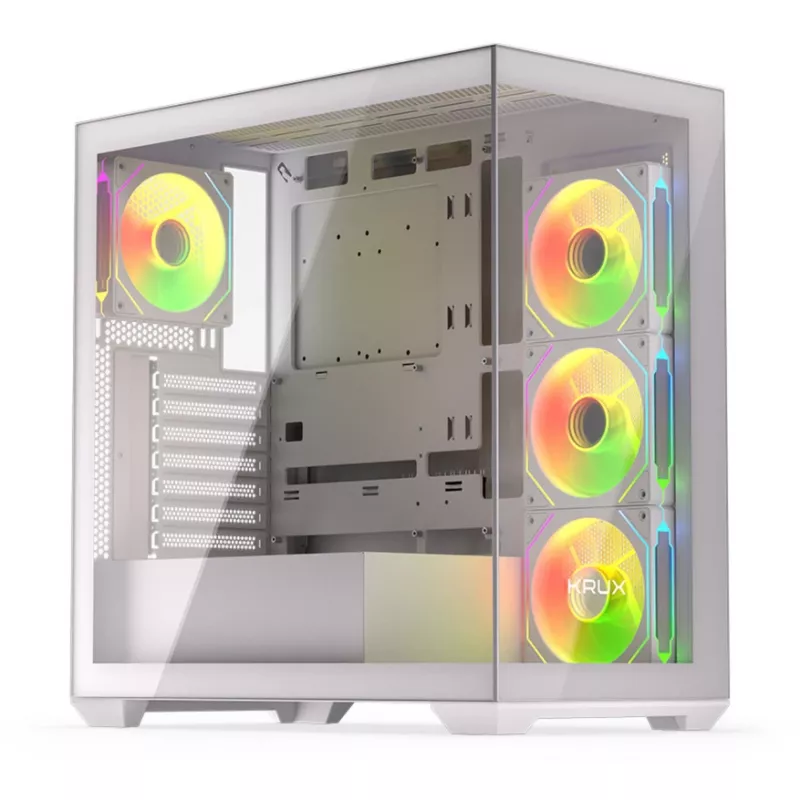 Case PC KRUX Exo Midi Tower, ATX/micro-ATX/mini-ITX, 2x vetro temperato, USB-C, 4 ventole da 120 mm, 2 vani da 3,5 pollici + 2 da 2,5 pollici, GPU fino a 40,5 cm, bianco