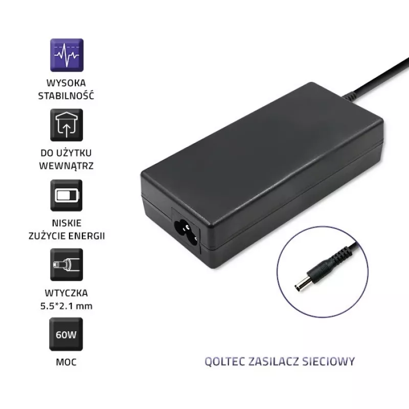 Qoltec 50797 alimentatore desktop 60 W, 12 V, 5 A, 5,5x2,1 mm, con cavo di alimentazione