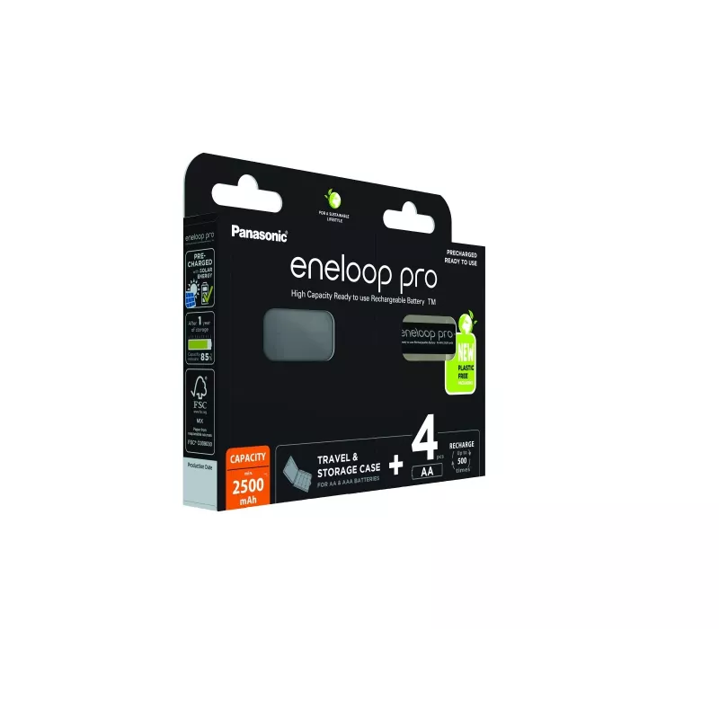 Batterie ricaricabili PANASONIC ENELOOP PRO AA 2500 mAh 4 pz. + custodia (BK-3HCDE/4CP+CASE)