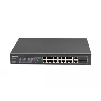 Switch unmanaged LANBERG RSFE-16P-2C-150 — 18 porte Gigabit, 16 PoE+/2 SFP, 150 W totali, 1U rack, metallo, nero