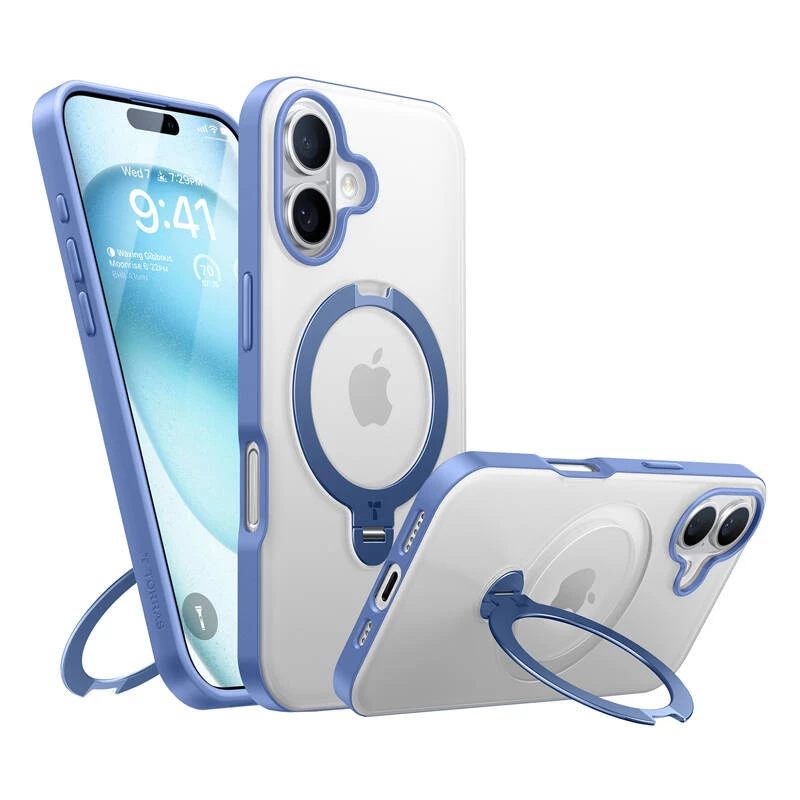 Custodia protettiva Torras Ostand Spin per iPhone 16 – blu, profilo sottile, compatibile con ricarica wireless