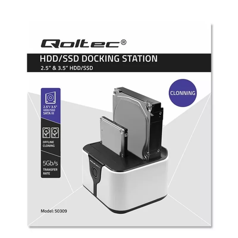Qoltec 50309 Docking station HDD SSD 2.5 3.5 | SATA III | USB 3.0 | Super Speed 5 Gb/s | con funzione di clonazione