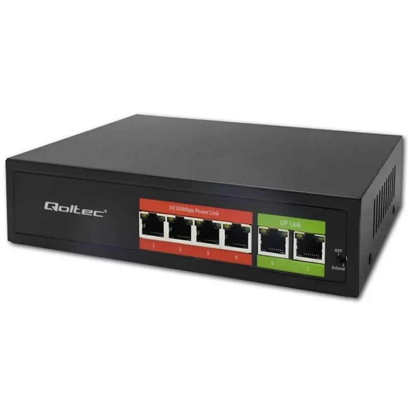 Switch Ethernet PoE QOLTEC 52289 — 4x porte RJ45 PoE, 2x RJ45 uplink, budget PoE 65W