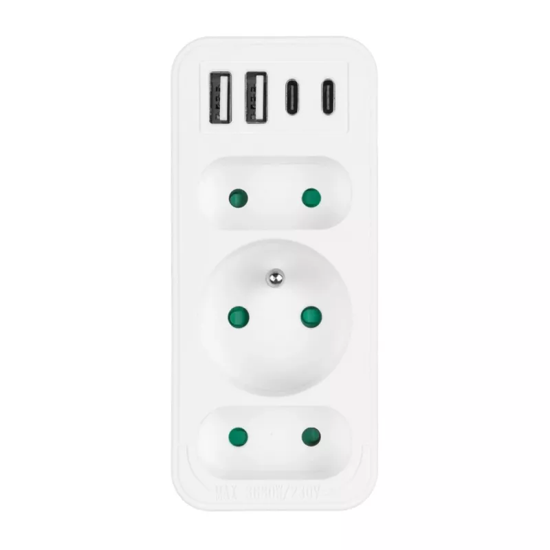 Power splitter MACLEAN MCE248 F/W — 3 prese AC (1×16A, 2×6A) + 4×USB (2×A, 2×C PD 20W), spina EU, bianco