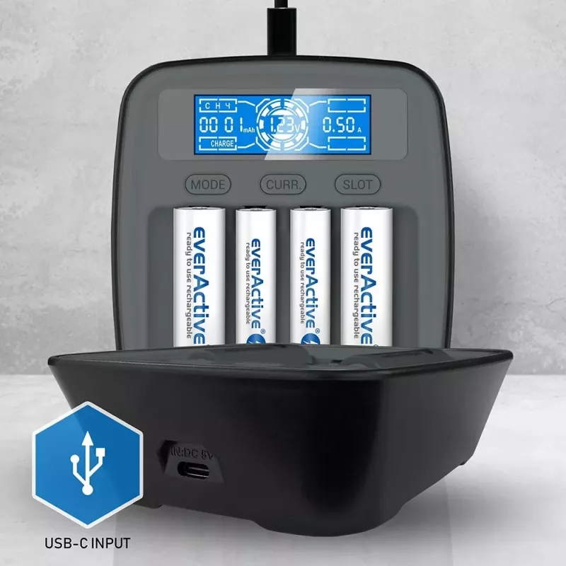 everActive NC-1000M V2 caricabatterie, Ni-MH, 4 slot AA/AAA, USB-C, nero