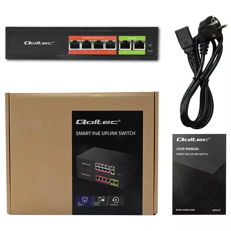 Switch Ethernet PoE QOLTEC 52289 — 4x porte RJ45 PoE, 2x RJ45 uplink, budget PoE 65W