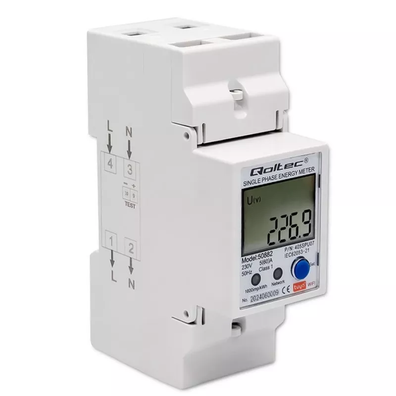 Qoltec 50882 contatore elettronico monofase del consumo energetico per guida DIN | Wi-Fi | TUYA | 230V | LCD