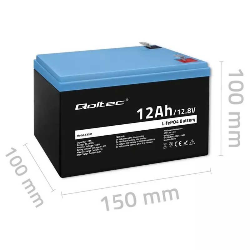 Batteria ricaricabile Qoltec LiFePO4 litio ferro fosfato 12,8 V 12 Ah 153,6 Wh con BMS