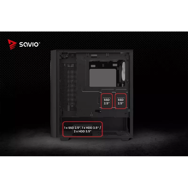 Case PC SAVIO Noctis Flow RGB — Cube, ATX/Mini-ITX, 3x ventole frontali da 120 mm, pannello laterale in vetro temperato, GPU max 35 cm