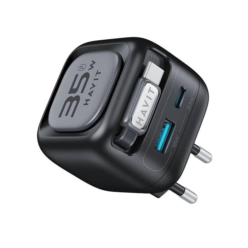 Havit UC250 A-EU caricabatterie da viaggio GaN con cavo estensibile, nero