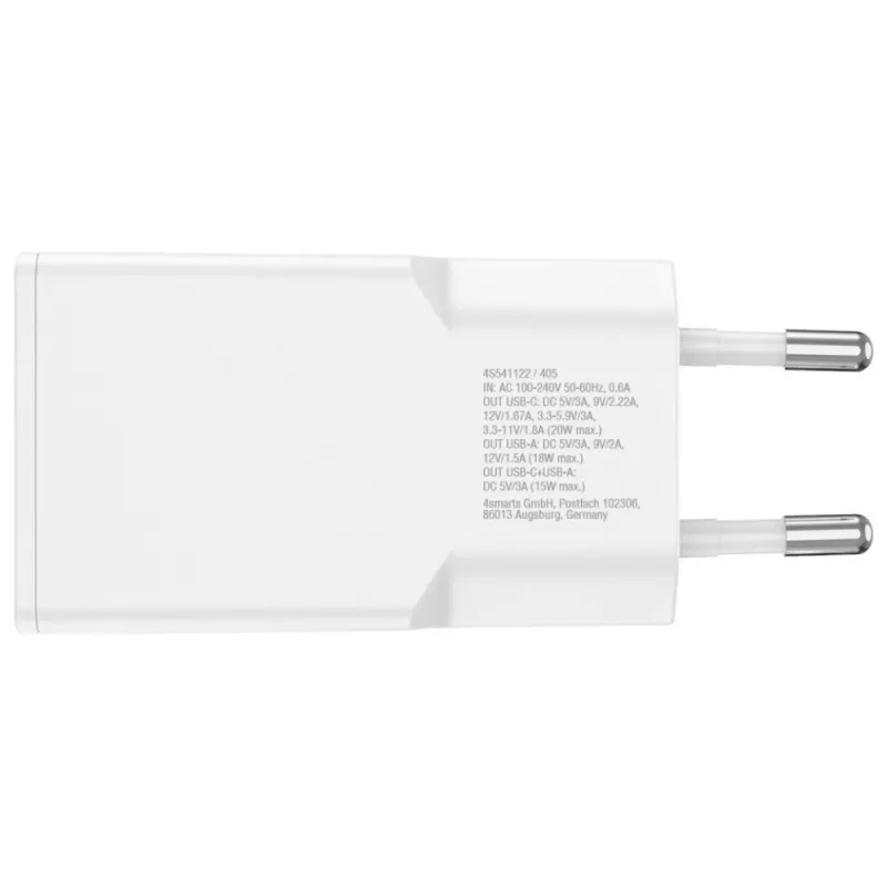 Caricabatterie da interno per dispositivi mobili AC 4smarts 541509 — 100–240V, USB-A + USB-C, cavo 1.5 m, ricarica rapida, bianco