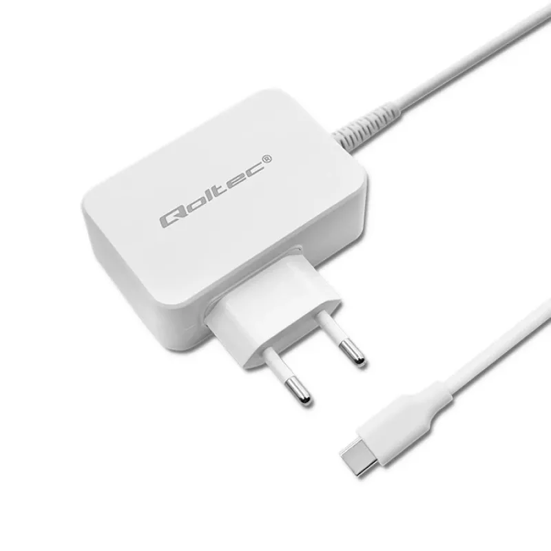 Qoltec 51039 alimentatore 65 W USB-C PD, 5–20,3 V, 2–3,25 A, cavo USB-C integrato, bianco