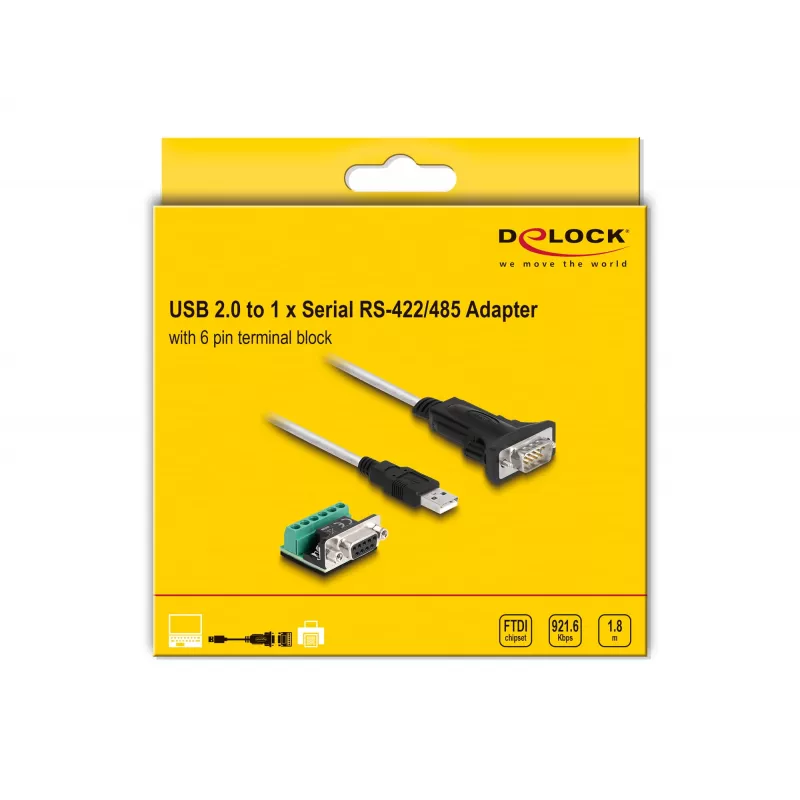 DeLOCK 63465 Adattatore da USB 2.0 Type-A a seriale RS-422/485, morsettiera a 6 pin, 1,8 m, nero/trasparente