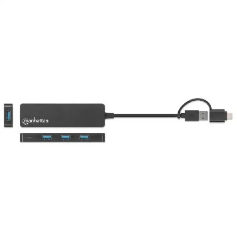 Dock/hub combo USB-C e USB-A Manhattan, porte (4): USB-A (x4), 5 Gbit/s (USB 3.2 Gen1 aka USB 3.0), alimentato via USB (nessun alimentatore esterno necessario)