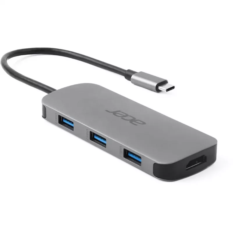 Dongle USB-C 7-in-1 Acer — USB 3.2 Gen 1 Type-C, 3x USB-A, HDMI, SD/MicroSD, 100W PD, argento