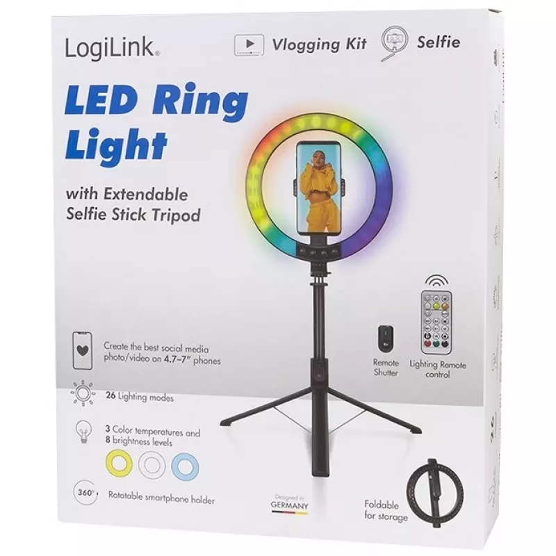 LogiLink Ring light per smartphone con treppiede selfie stick, DM 20cm (AA0156)