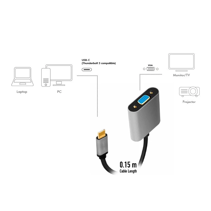 Cavo adattatore video USB Type-C su VGA (D-Sub) LOGILINK CUA0104 0,15 m, grigio/nero