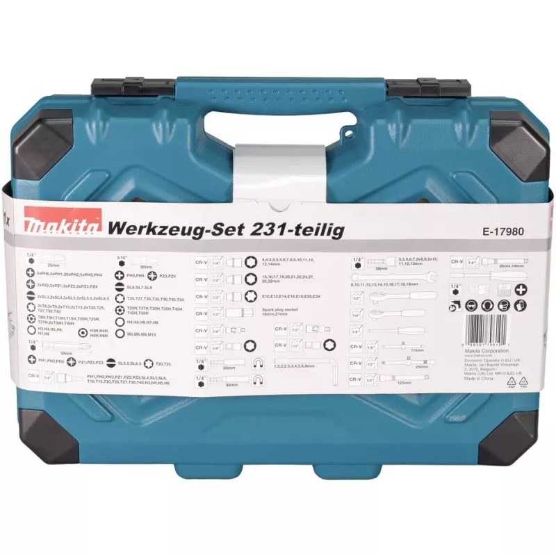 Set utensili manuali E-17980, 231 pezzi blu, con 2 cricchetti reversibili, 1/4 e 1/2, valigetta