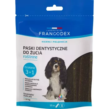 Strisce dentali FRANCODEX per cani, confezione da 15 bustine – snack per l'igiene dentale per cani adulti di piccola taglia (5–10 kg), 228 g, gusto verdure, senza glutine