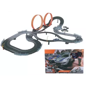 Pista automobilistica meccanica giocattolo Madej con due looping — 011406, set con auto a molla e a spinta per bambini
