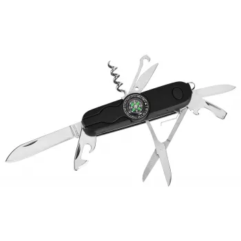 Coltello tascabile AZYMUT Izeron Multitool — 13 utensili, acciaio inox 420J2/3CR13, chiuso 9 cm, 91 g, custodia in pelle da cintura, luce e bussola integrate